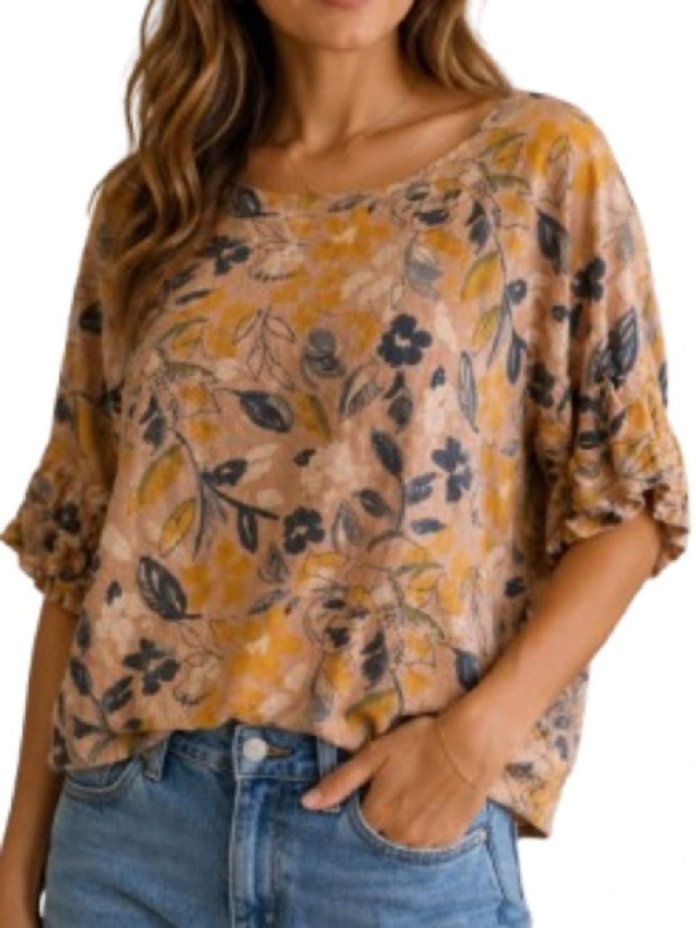 Elena Baldi Made in Italy Floral Linen Blend Top M Boho Peasant Sleeve